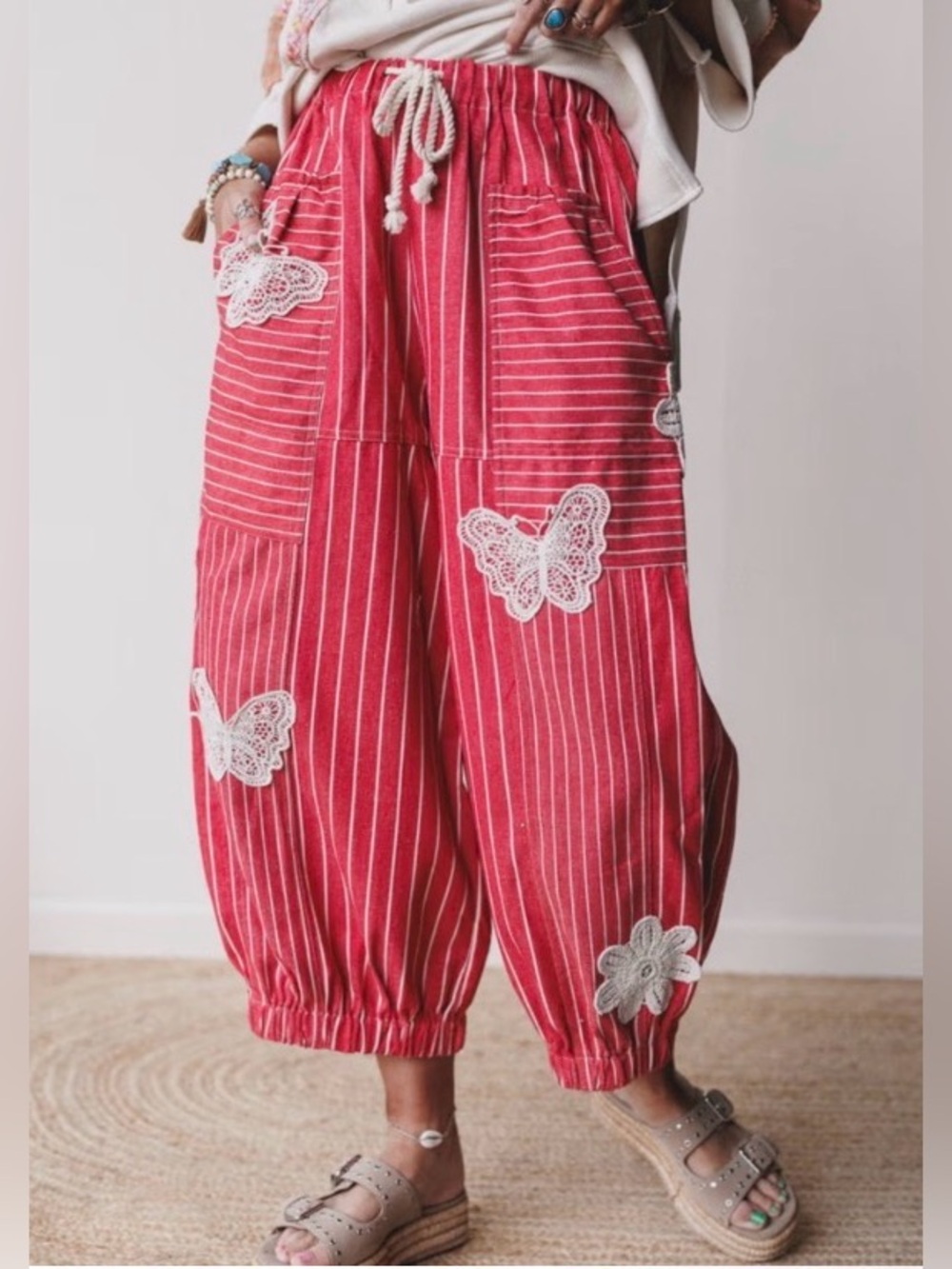 Davi & Dani Striped Canvas Drawstring Balloon Pants with Crochet Detail L